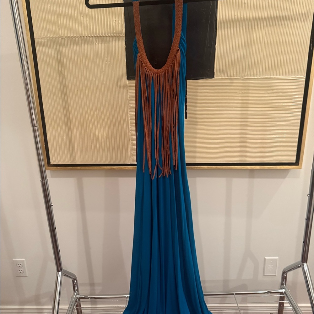Sky Teal Blue Maxi Dress with Caramel Suede Brown Fringe